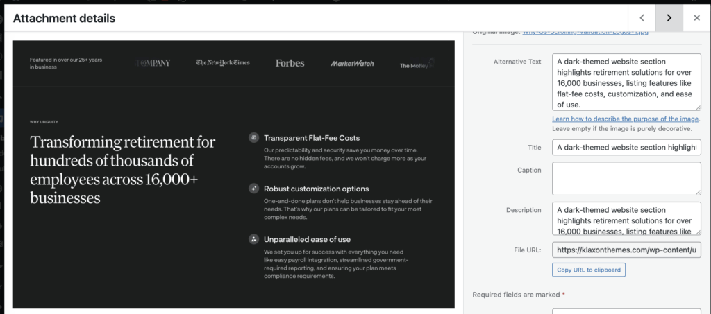 The WordPress Media settings page showing an attachment on the left and input fields for Alternative Text, Title, Caption, and Description.